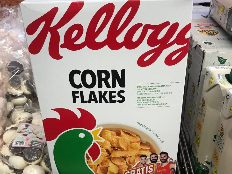 A red and white box of Kelloggs corn flakes at Spanish supermarket