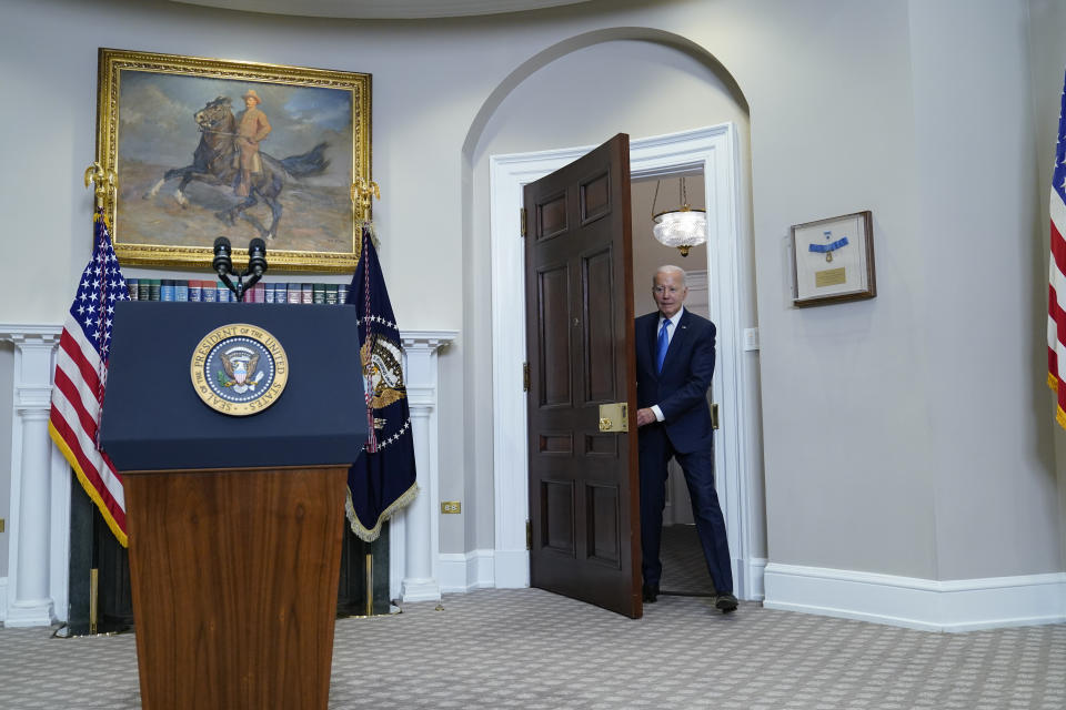 President Joe Biden arrives to speak about the auto workers strike from the Roosevelt Room of the White House in Washington, Friday, Sept. 15, 2023. (AP Photo/Susan Walsh)
