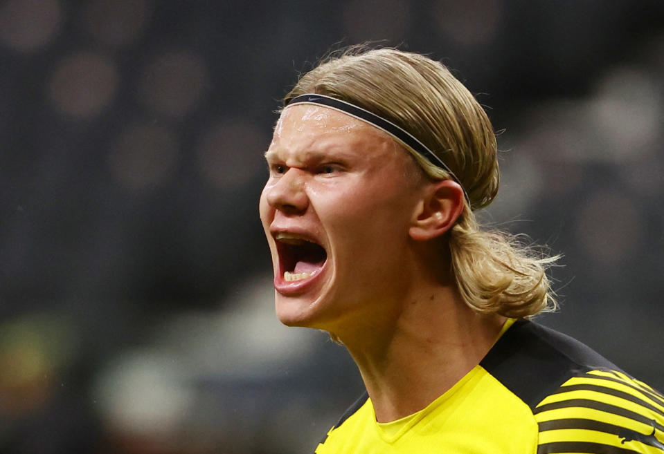 Soccer Football - Bundesliga - Eintracht Frankfurt v Borussia Dortmund - Deutsche Bank Park, Frankfurt, Germany - January 8, 2022 Borussia Dortmund's Erling Braut Haaland reacts REUTERS/Kai Pfaffenbach DFL REGULATIONS PROHIBIT ANY USE OF PHOTOGRAPHS AS IMAGE SEQUENCES AND/OR QUASI-VIDEO.