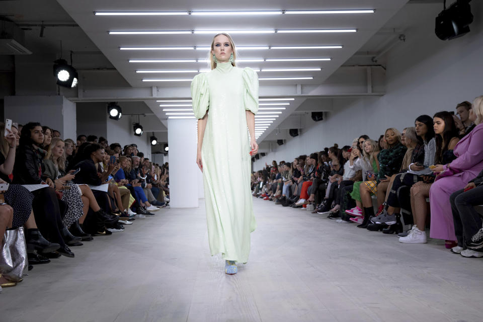 A model wears a creation by Roberta Einer at the Spring/Summer 2020 fashion week runway show in London, Friday, Sept. 13, 2019. (Photo by Grant Pollard/Invision/AP)