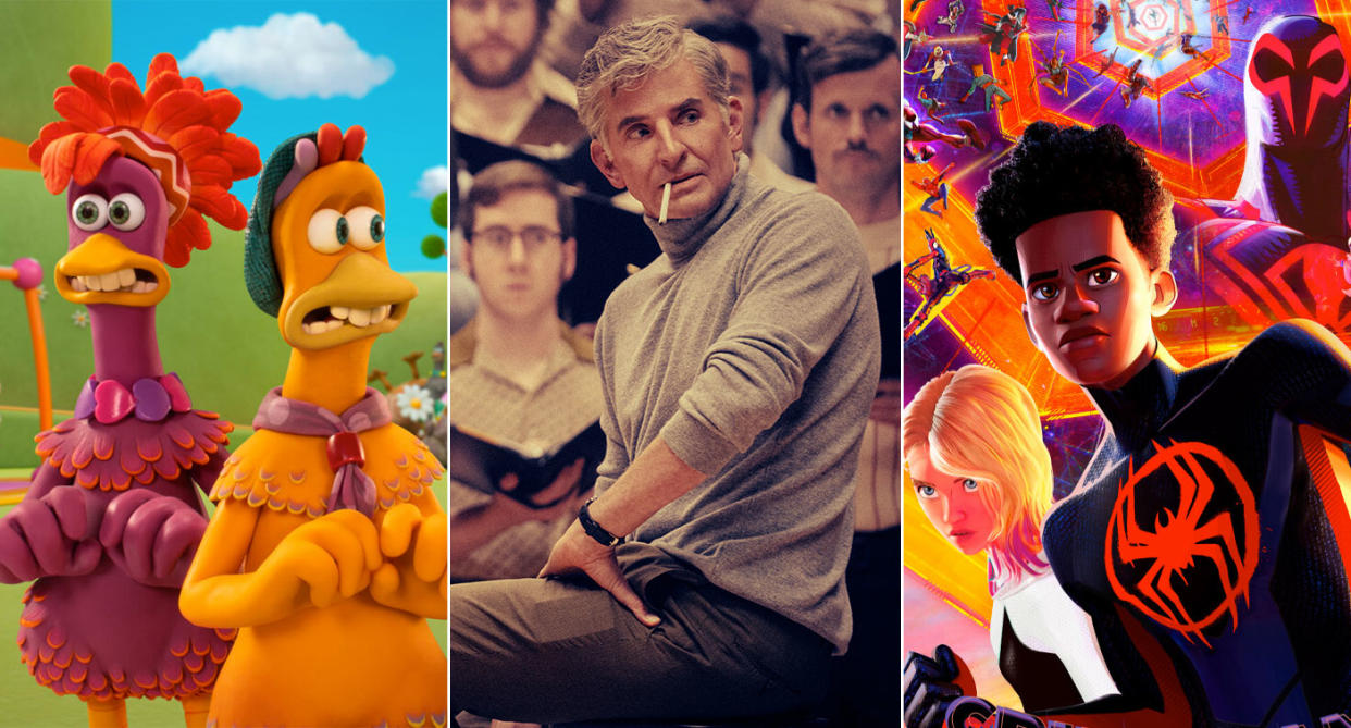 Chicken Run 2, Maestro and Across The Spider-Verse are among the best movies new to streaming over Christmas 2023. (Netflix/Sony Pictures)