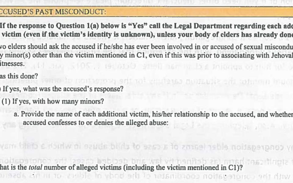A Jehovah's Witness document showing information that elders are asked to provide about allegations of child abuse. 