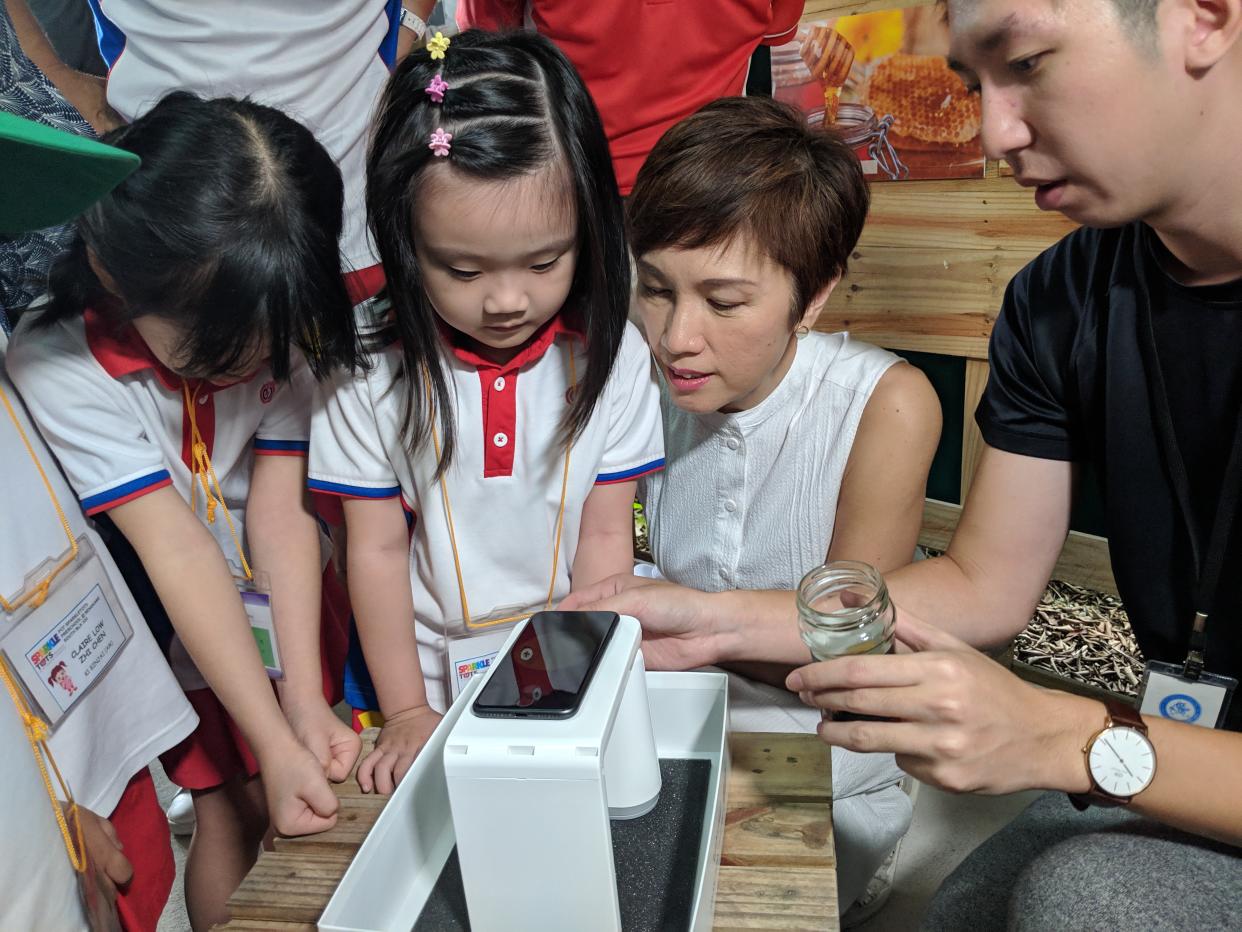 <span>Manpower Minister Josephine Teo interacting with children from a PCF pre-school centre in Sengkang at honey bee garden Bee Amazed on 5 November, 2018. (</span>PHOTO: Wong Casandra/Yahoo News Singapore)