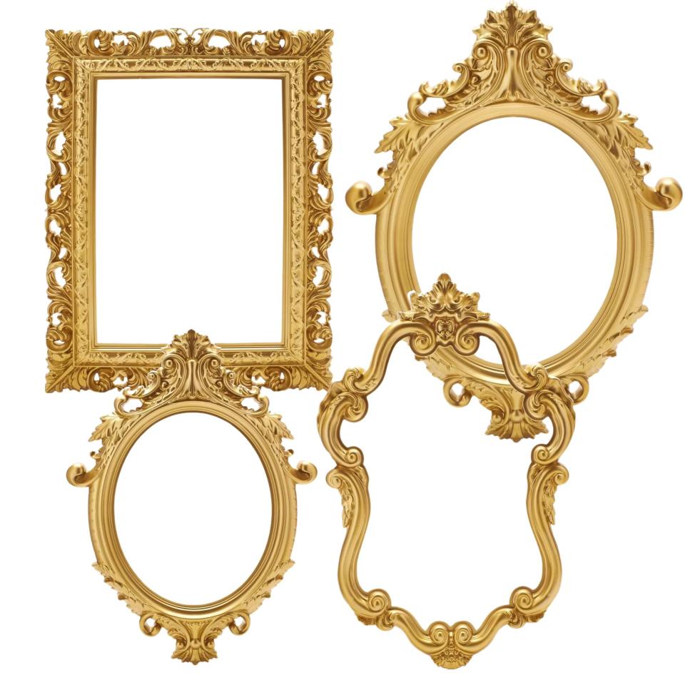 Set of four gold antique picture frames in various shapes