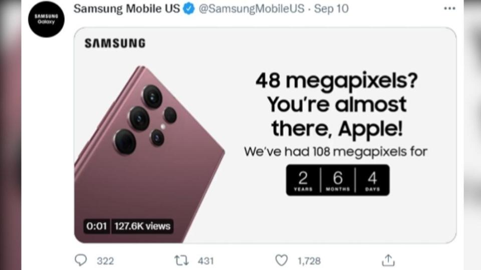 三星針對iPhone 14 Pro的主鏡頭畫素開嗆。（圖／翻攝自Samsung Mobile US Twitter）