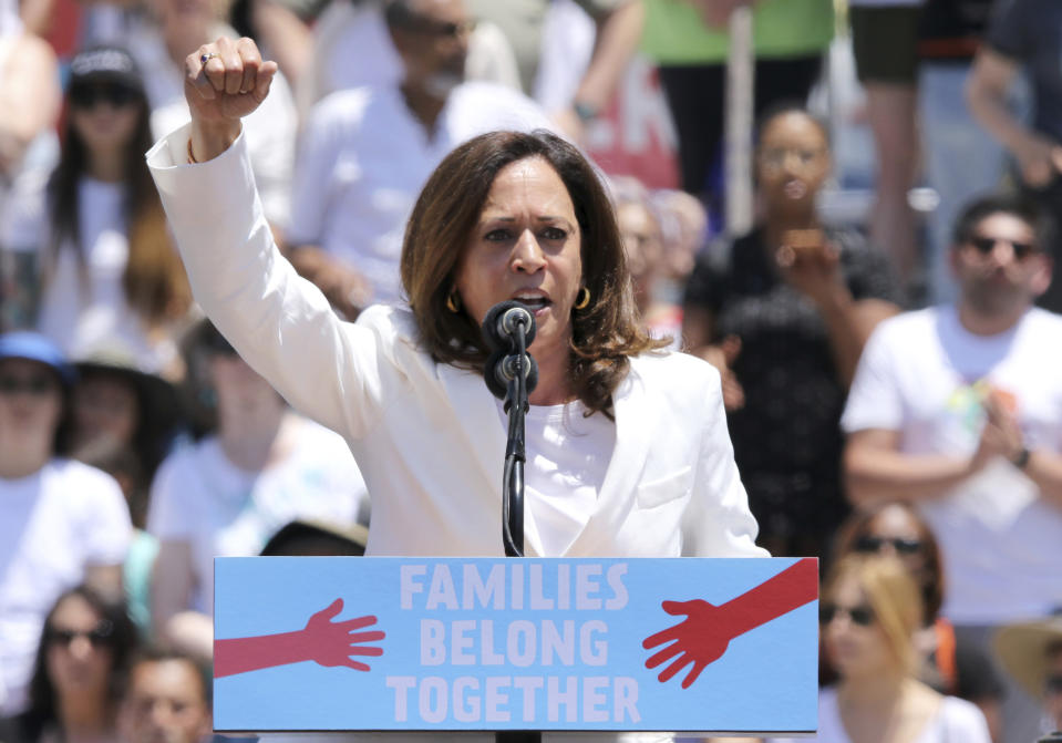 FILE - In this June 30, 2018, file photo, U.S. Sen. Kamala Harris, D-Calif., speaks at the "Families Belong Together: Freedom for Immigrants" March in Los Angeles. As Democrats begin to think about the 2020 presidential race, they face a choice between pragmatists who may be able to flip states that President Trump won in 2016 and those such as Harris, Sen. Cory Booker of New Jersey, or Beto O'Rourke of Texas, whose inspirational personal stories may connect with voters on a more emotional level. (Photo by Willy Sanjuan/Invision/AP, File)