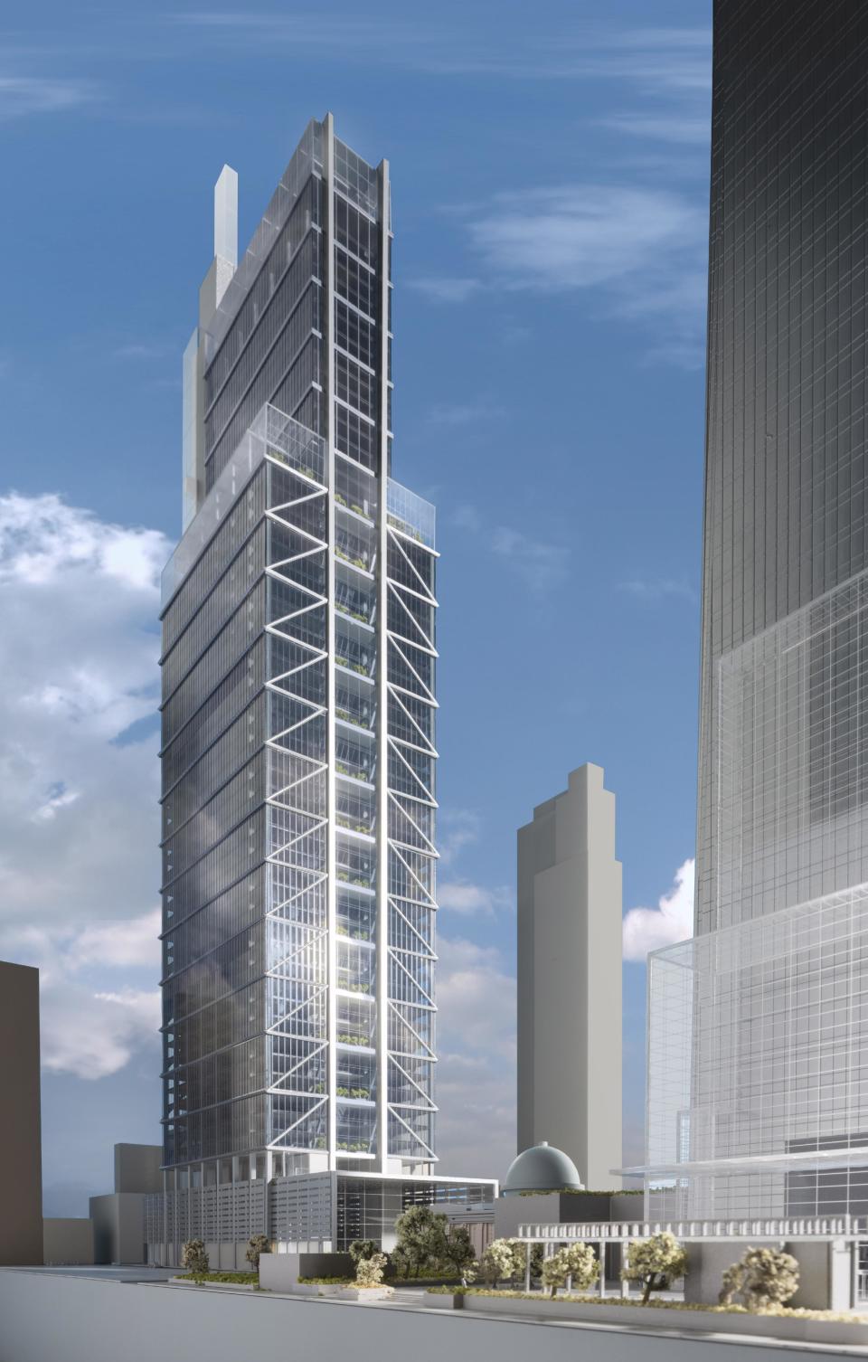 This artist rendering provided by Comcast Corp. on Wednesday, Jan. 15, 2014, shows their planned new skyscraper. The Philadelphia-based company said it plans to build a $1.2 billion, 59-story technology center that will rise 1,121 feet next to the existing Comcast Center, which stands 975 feet tall and opened in June 2008. (AP Photo/Comcast Corp.)