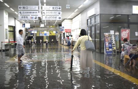 Flooded Saga station caused by heavy rain is seen in Saga, Saga prefecture, southern Japan