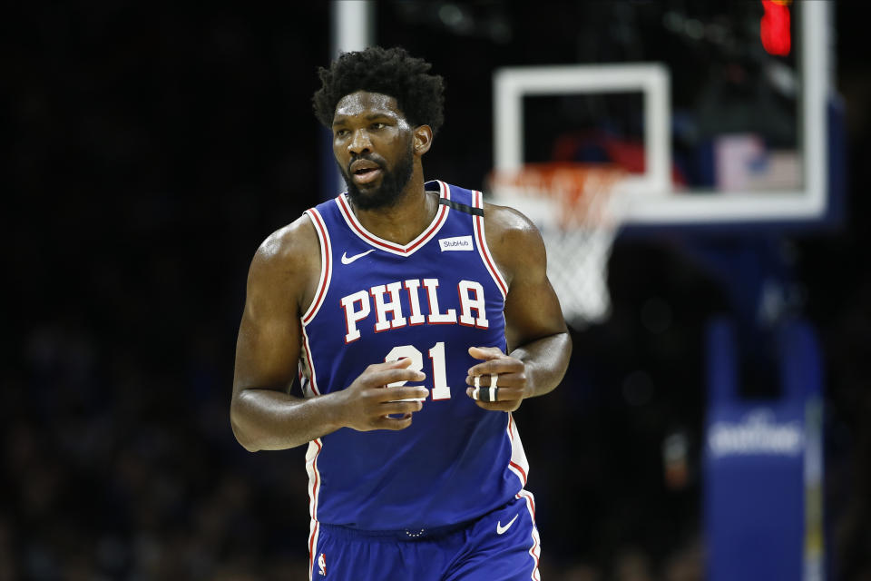 Philadelphia 76ers' Joel Embiid plays during an NBA basketball game against the Oklahoma City Thunder, Monday, Jan. 6, 2020, in Philadelphia. (AP Photo/Matt Slocum)