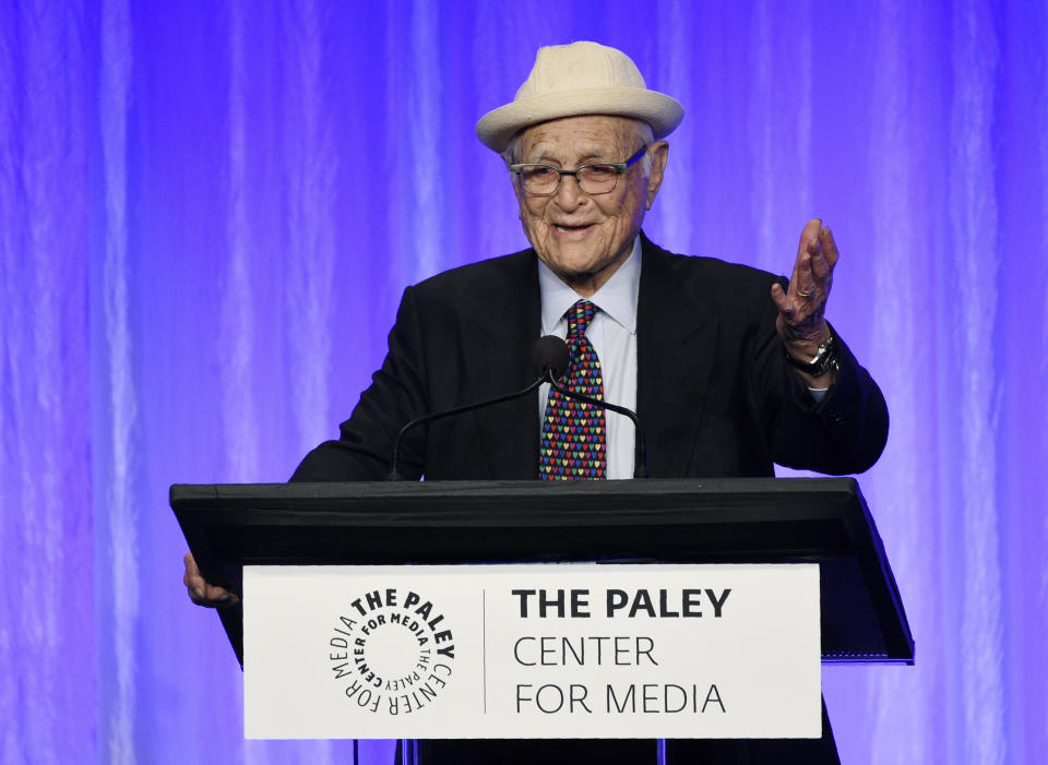 FILE - Honoree Norman Lear makes his speech at "The Paley Honors: A Special Tribute to Television's Comedy Legends" at the Beverly Wilshire Hotel, Thursday, Nov. 21, 2019, in Beverly Hills, Calif. Lear, the writer, director and producer who revolutionized prime time television with such topical hits as "All in the Family" and “Maude” and propelled political and social turmoil into the once-insulated world of sitcoms, has died, Tuesday, Dec. 5, 2023.. He was 101. (Photo by Chris Pizzello/Invision/AP, File)