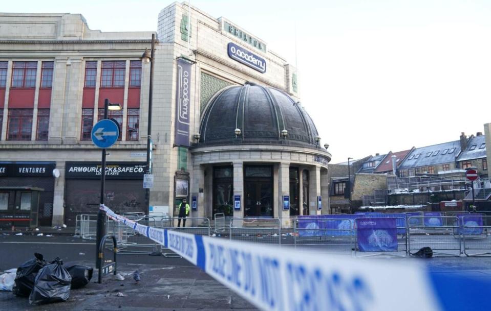 The scene outside Brixton O2 Academy where police are investigating the circumstances which led to four people sustaining critical injuries in an apparent crush as a large crowd tried to force their way into the south London concert venue. (Picture: Alamy)