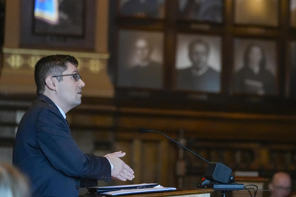 Benjamin Jones speaks during oral arguments before the Indiana Supreme Court at the Statehouse in Indianapolis, Monday, Feb. 12, 2024. GOP Senate candidate, John Rust, who is suing to appear on the primary ballot. A trial judge ruled in December that a state law that stipulates candidates must vote in two primary elections with their party is unconstitutional. The state appealed the ruling. (AP Photo/Michael Conroy, Pool)