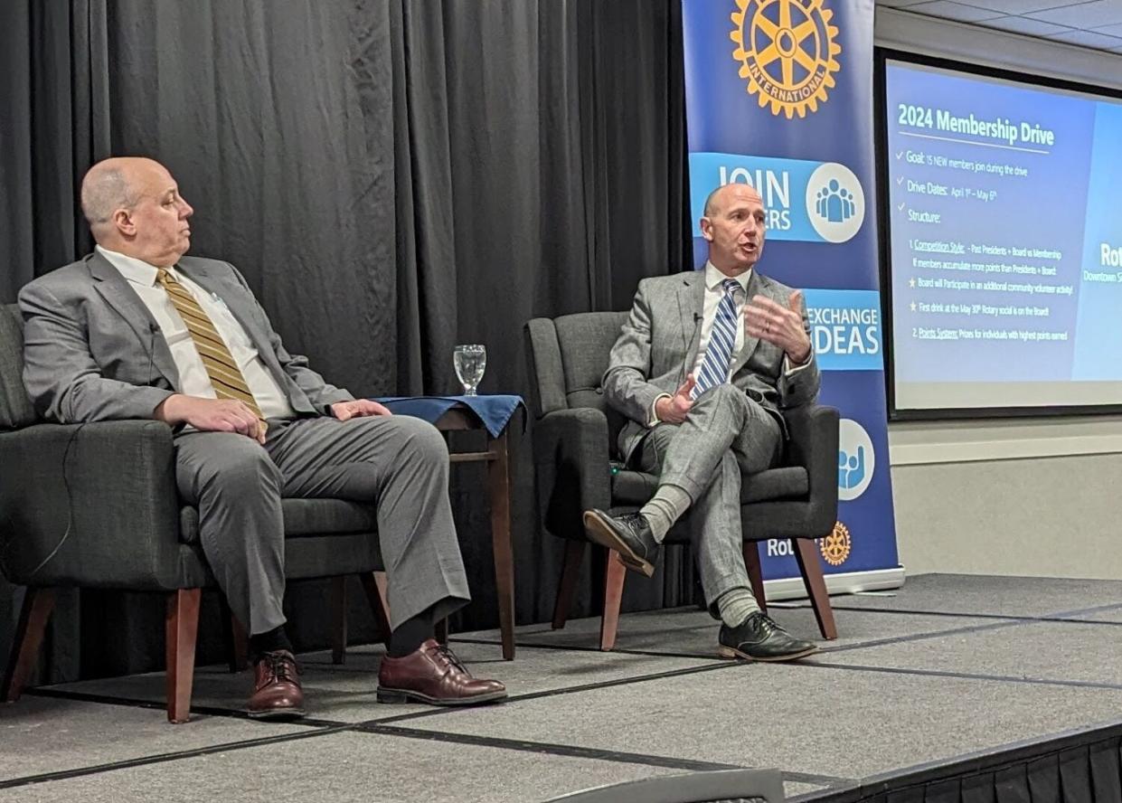 South Dakota Supreme Court Chief Justice Steven Jensen, left, and USD Knudson School of Law Dean Neil Fulton address the Sioux Falls Downtown Rotary Club on April 29, 2024.