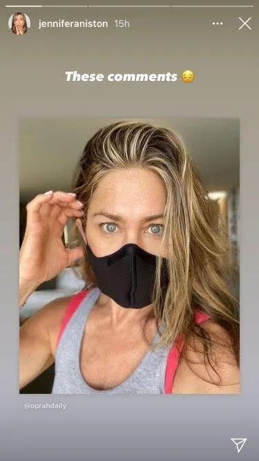 A screenshot from Jennifer Aniston's Instagram featuring a photo of the actress wearing a mask with the caption 