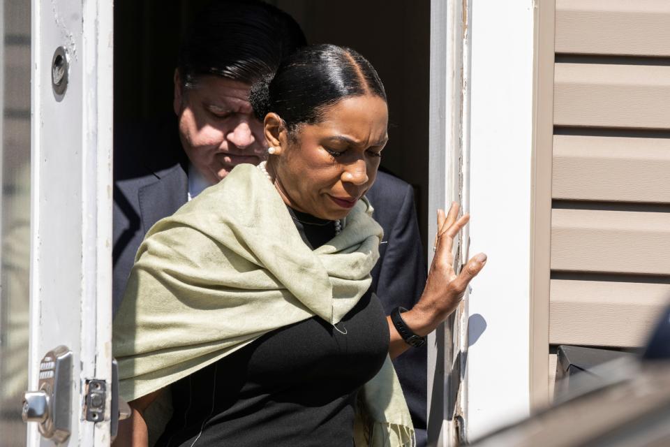 Lt. Gov. Juliana Stratton and Gov. J.B. Pritzker exit Memorial Chapel Funeral Home in Waukegan, Ill., during funeral services for Eduardo Uvaldo, who was killed Monday during a mass shooting at the Fourth of July parade in Highland Park, Saturday, July 9, 2022.