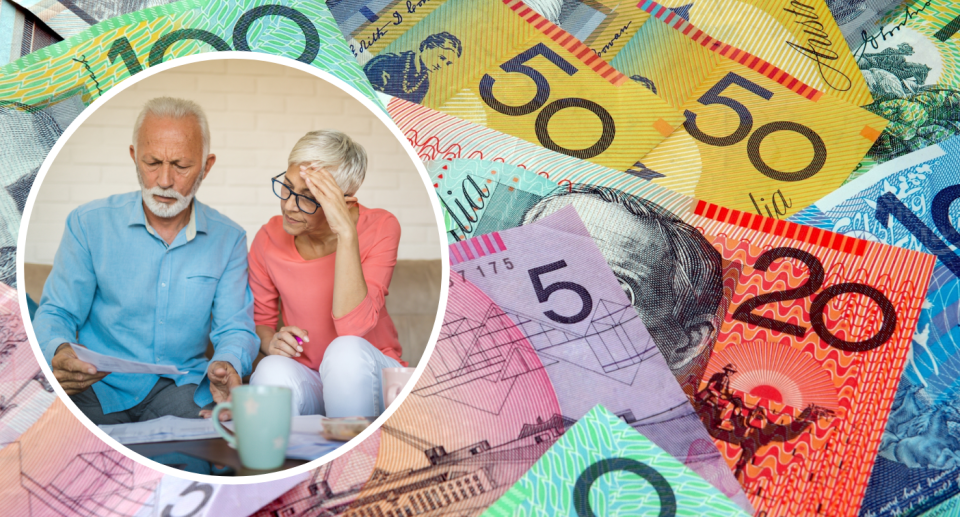 Scattered Australian banknotes with an inset of a concerned pensioner couple looking at paperwork.