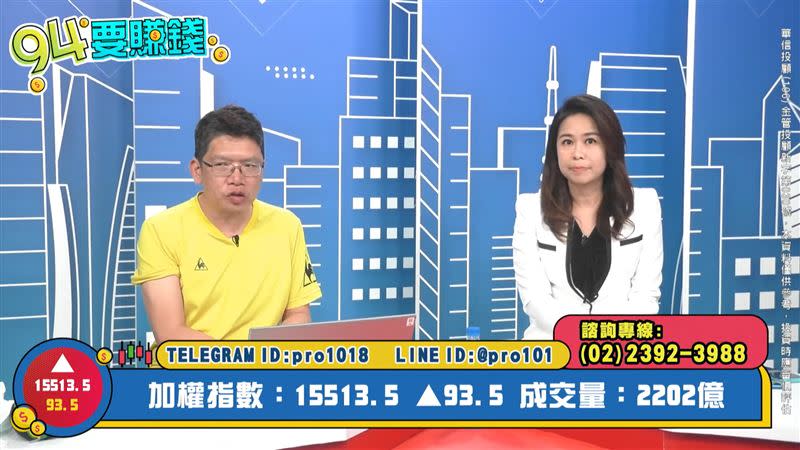 謝文恩表示，加權、上櫃指數多方防守分別落在15395點、206.6點。（圖／翻攝自94要賺錢《未來事件簿》）