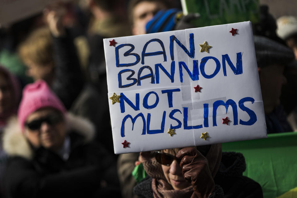 People take part in a protest against President Trump's executive order on immigration in Copley Square in Boston on Jan. 29, 2017.