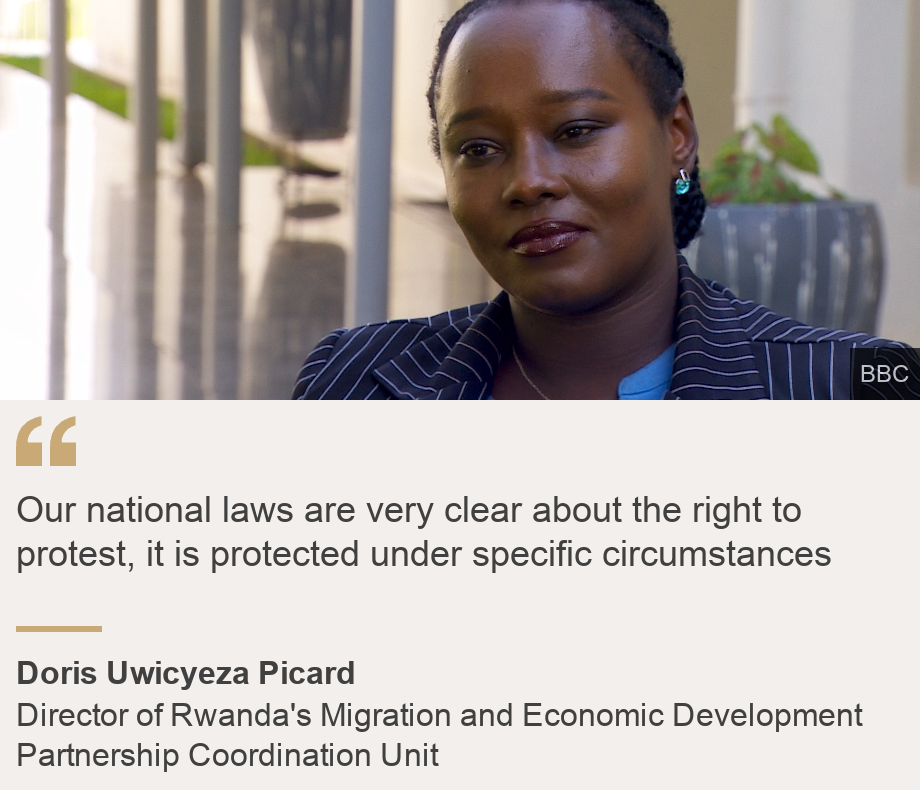 "Our national laws are very clear about the right to protest, it is protected under specific circumstances", Source: Doris Uwicyeza Picard, Source description: Director of Rwanda's Migration and Economic Development Partnership Coordination Unit, Image: Doris Uwicyeza Picard, Director of the Rwandan government’s Migration and Economic Development Partnership Coordination Unit 