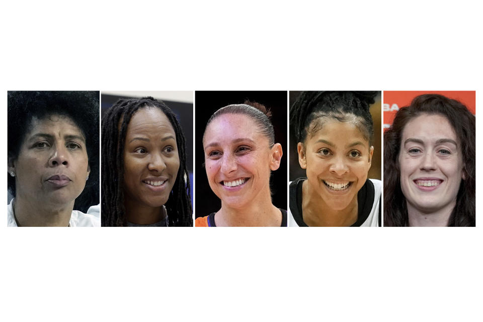 FILE - From left are Cheryl Miller in 2024, Chamique Holdsclaw in 2019, Diana Taurasi in 2023, Candace Parker in 2023 and Brenna Stewart in 2023. (AP Photo/File)