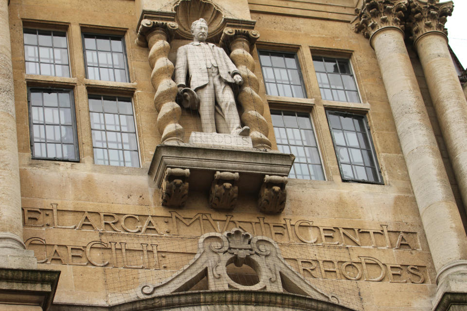  Cecil Rhodes statue stands at the front facade of the Oriel College in Oxford during the protest. Cecil was an English-born businessman, mining magnate, and politician in South Africa. The founder of the diamond company De Beers and the founder of the state of Rhodesia (now Zimbabwe) , which was named after him.
The Rhodes Must Fall campaign was reignited from a 2016 campaign following recent Black Lives Matter demonstrations after the demise of George Floyd under police custody in Mineapolis. Despite the Covid19 lockdown, protesters globally have united to demand change. (Photo by David Mbiyu / SOPA Images/Sipa USA) 