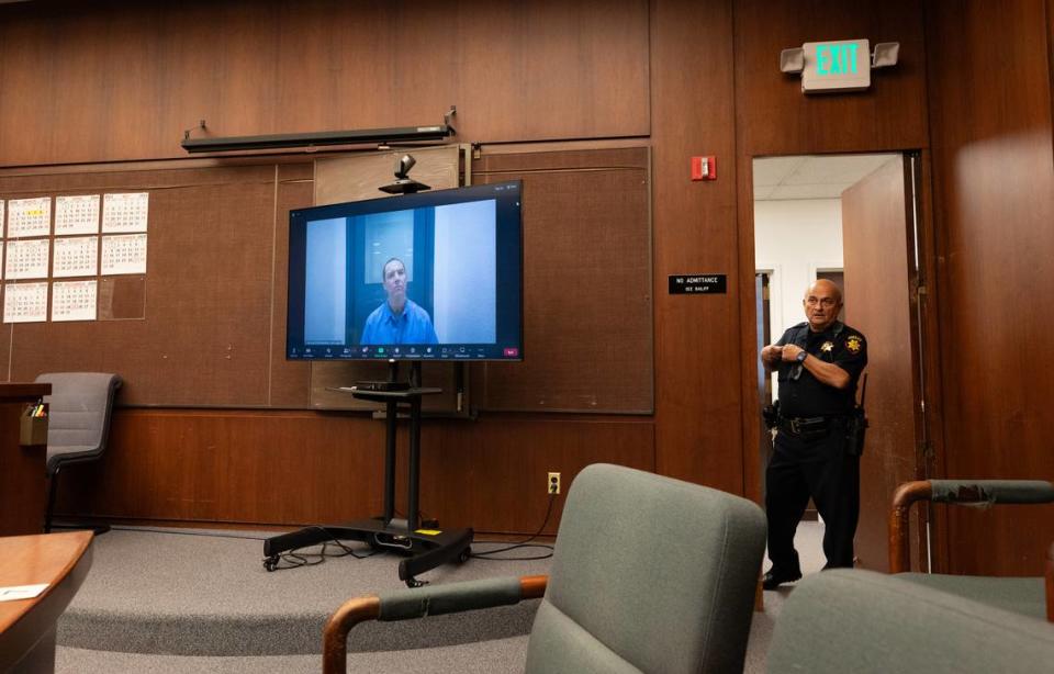 Scott Peterson appears on a video call from Mule Creek State Prison during a status conference at San Mateo County Superior Court in Redwood City, Calif., Tuesday, March 12, 2024. The Modesto Bee/ Andy Alfaro/ Pool