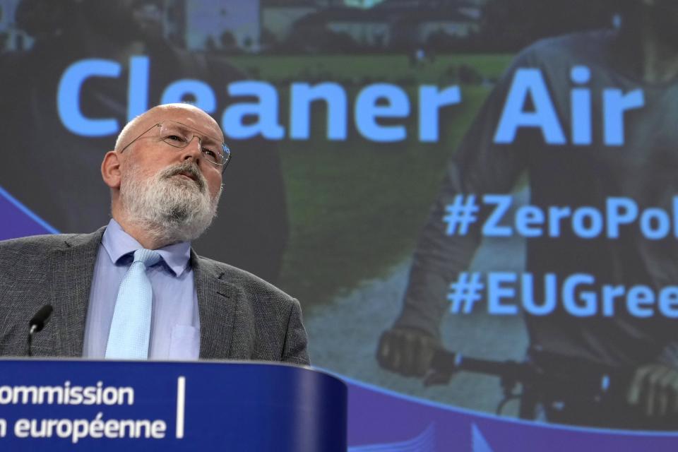 FILE - European Commissioner for European Green Deal Frans Timmermans speaks during a media conference at EU headquarters in Brussels, Oct. 26, 2022. The growing opposition to the nature restoration law has caused great concern among environmental NGOs, Timmermans, the EU Commission's top climate official in charge of its Green Deal, warned he would not put forward an alternative proposal because there isn't time. (AP Photo/Virginia Mayo, File)