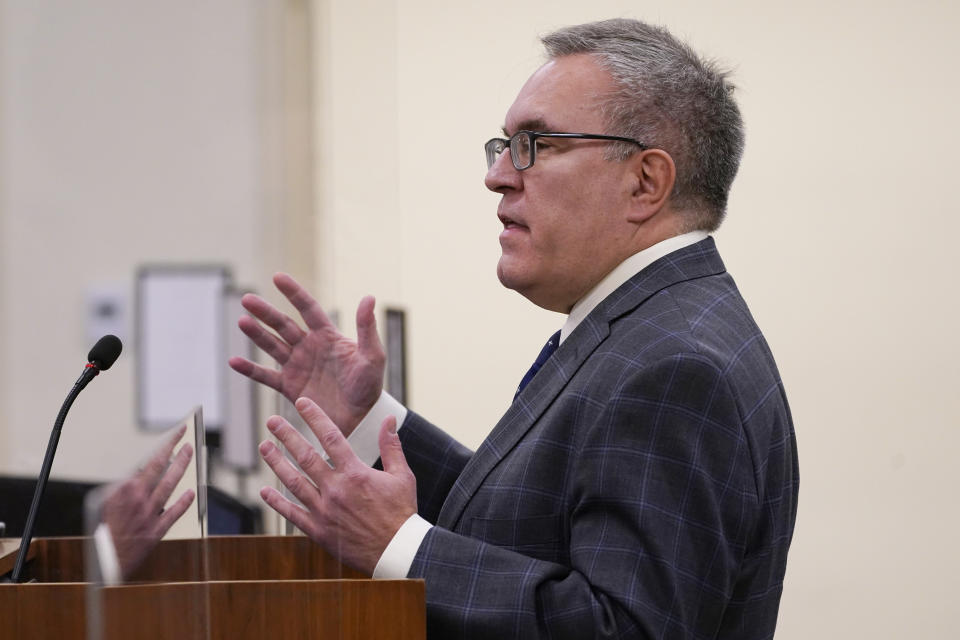 Former EPA administrator Andrew Wheeler, who has been nominated by Gov. Youngkin to be the Secretary of Natural and Historic Resources, testifies before the Senate Agriculture, Conservation and Natural Resources at the Capitol Tuesday, Jan. 25, 2022, in Richmond, Va. (AP Photo/Steve Helber)