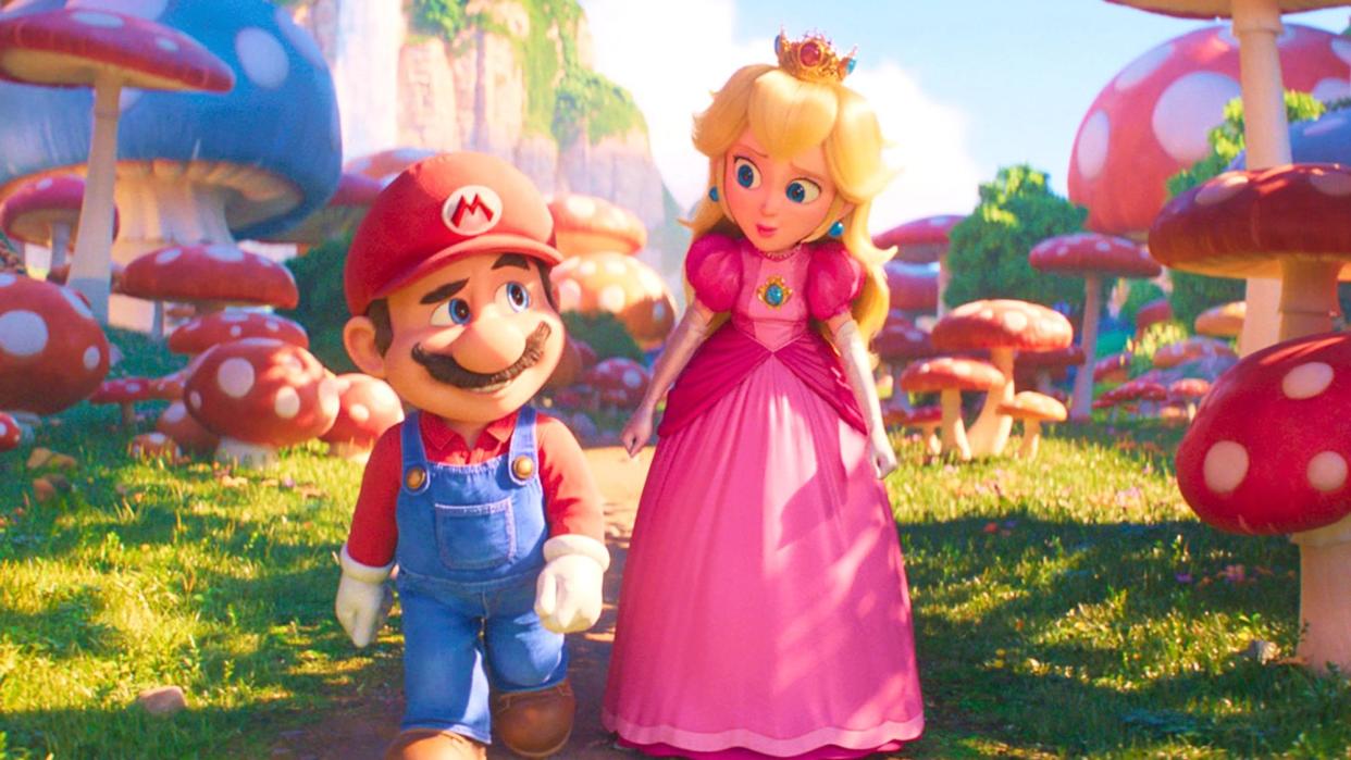  Mario and Princess Peach walk in Mushroom Kingdom in The Super Mario Bros Movie 