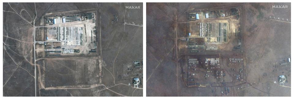A combination photo shows military deployments in Novoozernoye, Crimea in this Maxar satellite image taken on September 15, 2021 (left) and on February 1, 2022 (right) (via REUTERS)