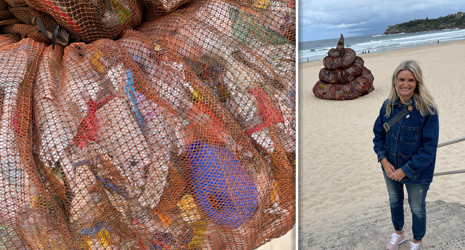 Left - close up of the rubbish inside the poo. Right - Rebecca Percasky in front of the poo sculpure.