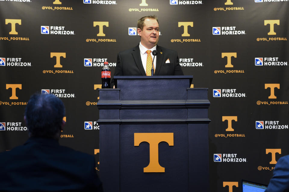 New Tennessee college football coach Josh Heupel speaks during an introductory news conference on Jan. 27. (AP)