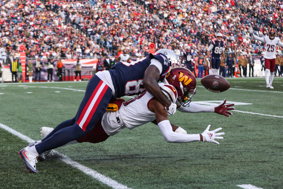 Washington Commanders cornerback Emmanuel Forbes (13) breaks up a pass to New England Patriots receiver <a class="link " href="https://sports.yahoo.com/nfl/players/32691" data-i13n="sec:content-canvas;subsec:anchor_text;elm:context_link" data-ylk="slk:Jalen Reagor;sec:content-canvas;subsec:anchor_text;elm:context_link;itc:0">Jalen Reagor</a> (83). Mandatory Credit: Paul Rutherford-USA TODAY Sports