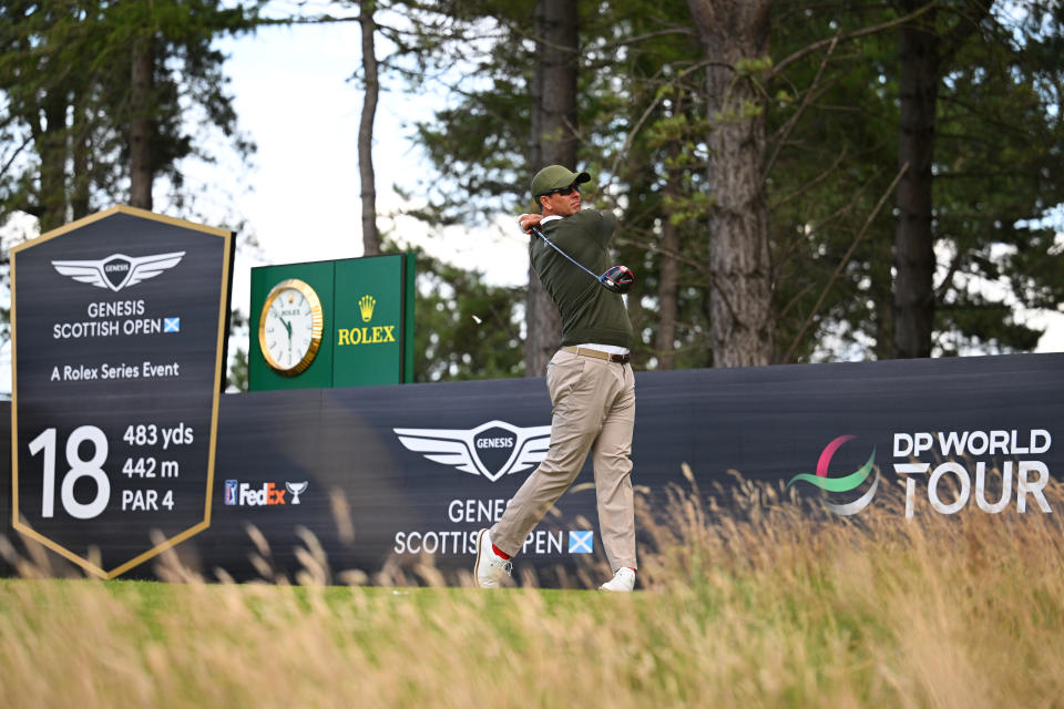 Adam Scott of Australia tees off on the 18th hole during Day One of the Genesis Scottish Open at The Renaissance Club on July 13, 2023 in United Kingdom. (Photo by Octavio Passos/Getty Images)