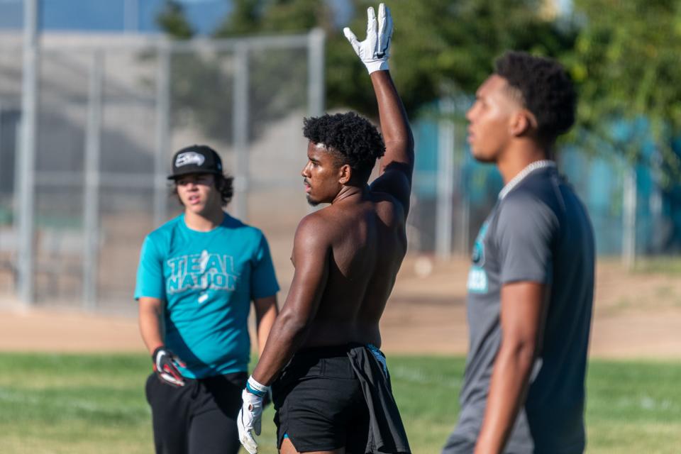 Sultana's Rome Thomas, center, participates in a drill during a recent summer football practice at the school. Sultana begins the season on the road against Lancaster on Aug. 18.