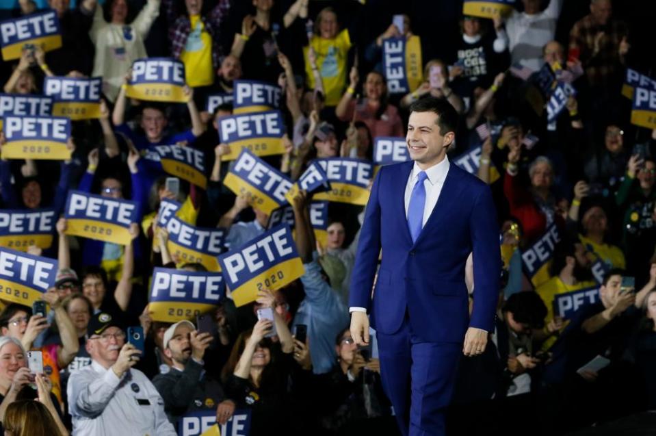 Buttigieg arrives at his New Hampshire primary night rally in Nashua on 11 February.