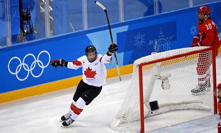 FILE PHOTO - Feb 18, 2018; Gangneung, South Korea; Canada forward Melodie Daoust (15) celebrates a goal by Canada forward Marie-Philip Poulin (not pictured) against Olympic Athletes from Russia in the women's ice hockey semifinals during the Pyeongchang 2018 Olympic Winter Games at Gangneung Hockey Centre. Mandatory Credit: James Lang-USA TODAY Sports