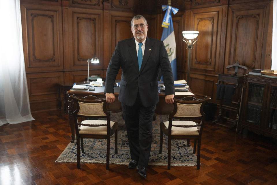 Guatemalan President Bernardo Arevalo poses for a photo at the National Palace in Guatemala City, Thursday, June 20, 2024. (AP Photo/Santiago Billy)