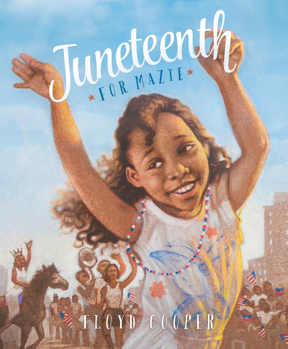 Mazie and her family reflect on the past and celebrate the day her ancestors were no longer slaves in "Juneteenth for Mazie," written and illustrated by Floyd Cooper.