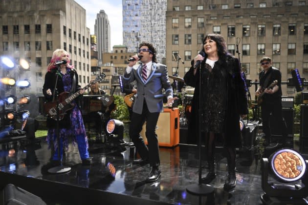 Nancy Wilson and Ann Wilson of musical guest Heart with host Jimmy Fallon during the "Total Eclipse of the Heart" Cold Open on Monday, April 8, 2024  - Credit: Todd Owyoung/NBC