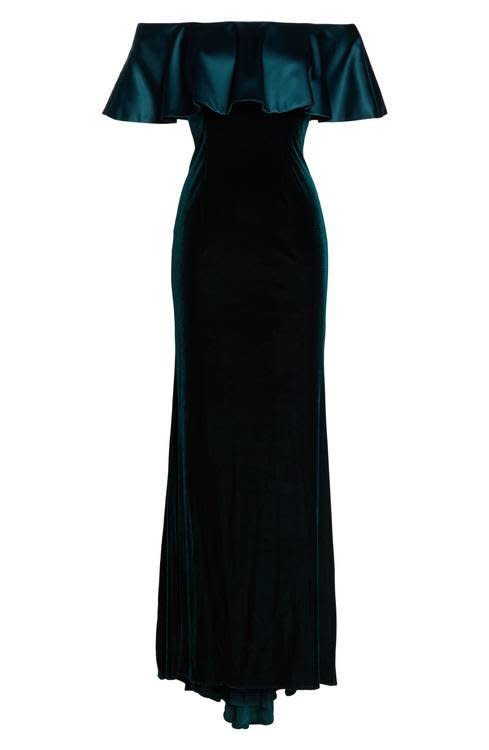 <strong><a href="https://shop.nordstrom.com/s/adrianna-papell-ruffle-off-the-shoulder-velvet-gown/4621924?origin=productBrandLink&amp;page=2&amp;top=72" target="_blank">Adrianna Papell gown at Nordstrom</a>, $199</strong>