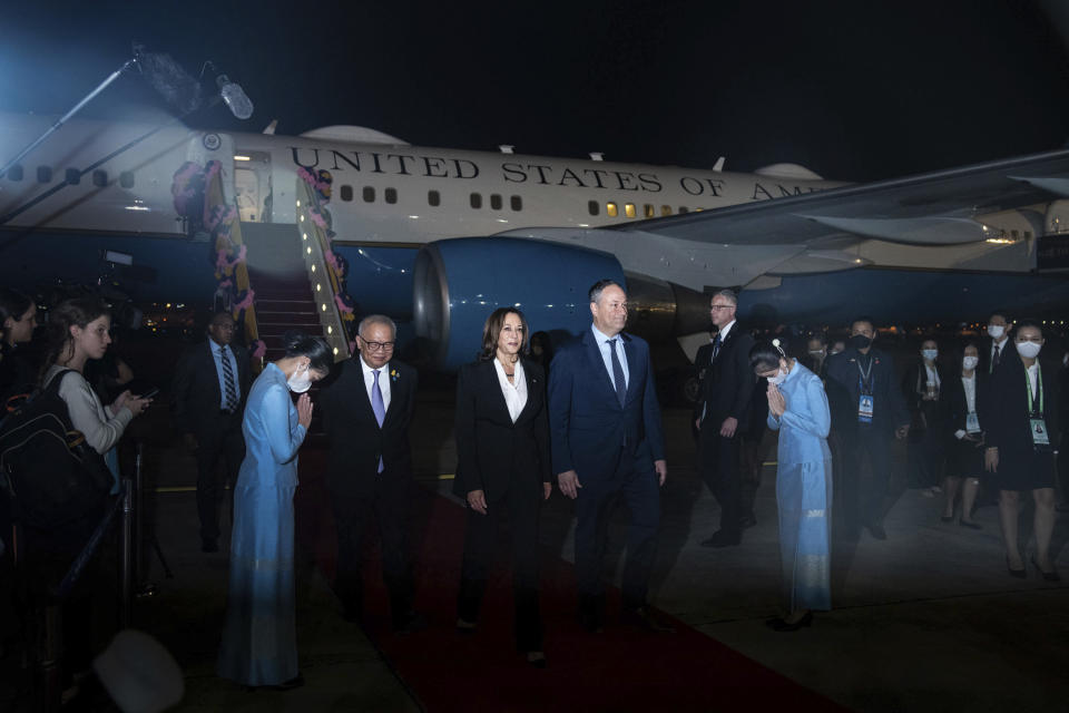Vice President Kamala Harris and her husband Doug Emhoff arrive at Don Mueang International Airport in Bangkok, Thailand on Thursday, Nov. 17, 2022, to attend the Asia-Pacific Economic Cooperation (APEC) summit. (Haiyun Jiang/The New York Times via AP, Pool)