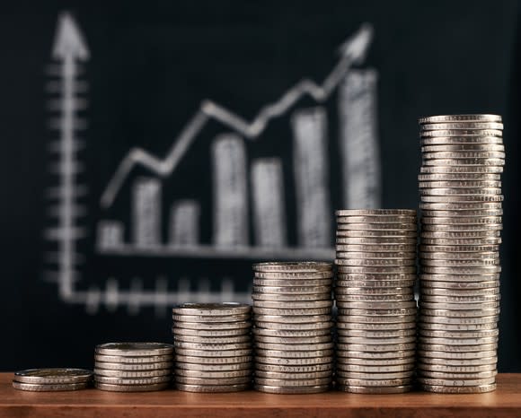 A rising stack of coins with a bar chart and an upward arrow in the background.