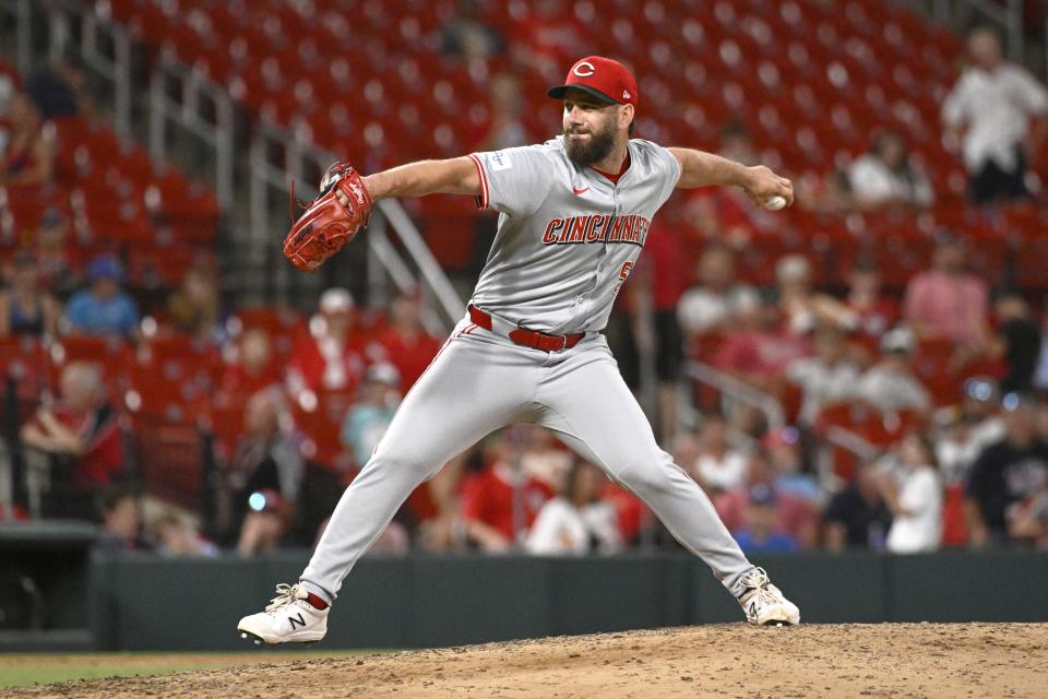 Cincinnati Reds relief pitcher Sam Moll throws in the ninth inning of a baseball game against the St. Louis Cardinals Thursday, June 27, 2024, in St. Louis. (AP Photo/Joe Puetz)