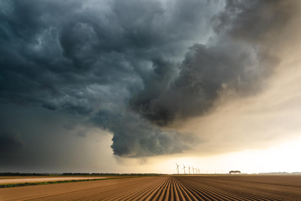 This is a picture of a storm as it is building up over an uncultivated  agricultural field and some wind turbines in the horizon. It was shot at a location in the eastern part of the Netherlands.