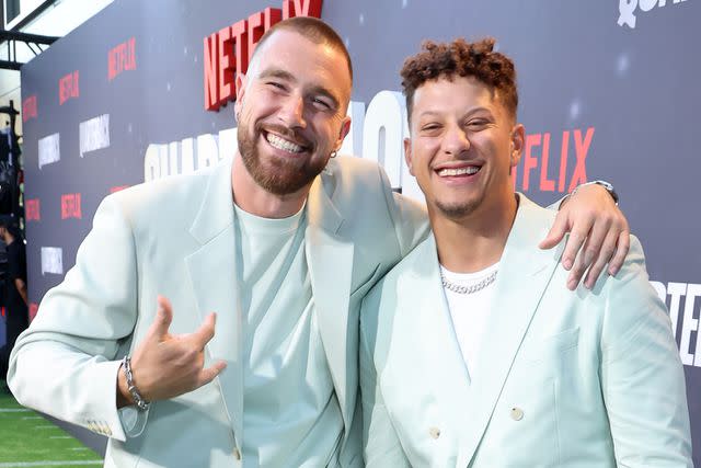 <p>Randy Shropshire/Getty </p> Travis Kelce and Patrick Mahomes attend the Netflix Premiere of "Quarterback" at Netflix Tudum Theater on July 11, 2023 in Los Angeles, California.