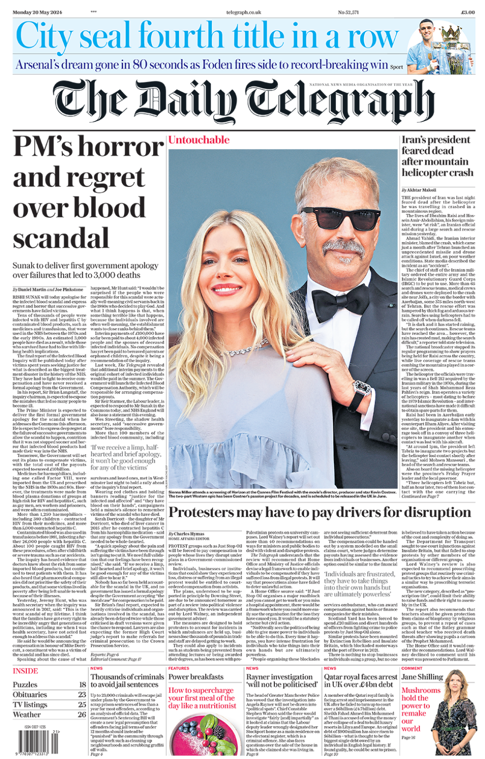 The headline on the front page of the Daily Telegraph reads: "PM's horror and regret over blood scandal"