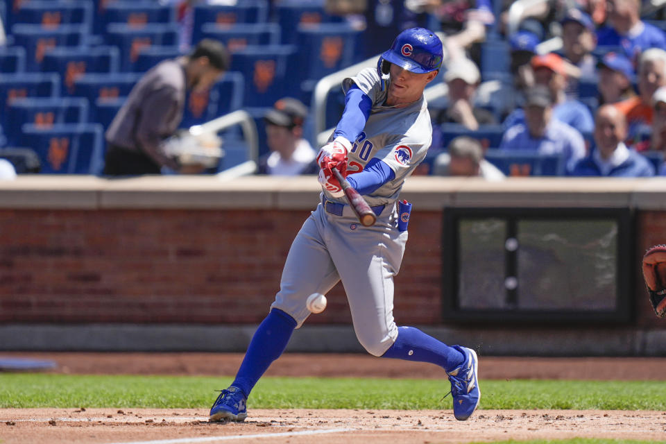 Chicago Cubs' Pete Crow-Armstrong grounds out but scores a run during the second inning of a baseball game against the New York Mets at Citi Field, Thursday, May 2, 2024, in New York. (AP Photo/Seth Wenig)