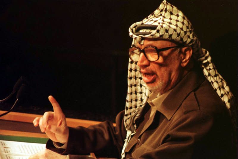 Palestinian leader Yasser Arafat addresses the 53rd session of the United Nations General Assembly on September 28, 1998, in New York City. On January 20, 1996, Arafat was elected president of the Palestinian Authority with 88 percent of the vote. File Photo by Ezio Petersen/UPI