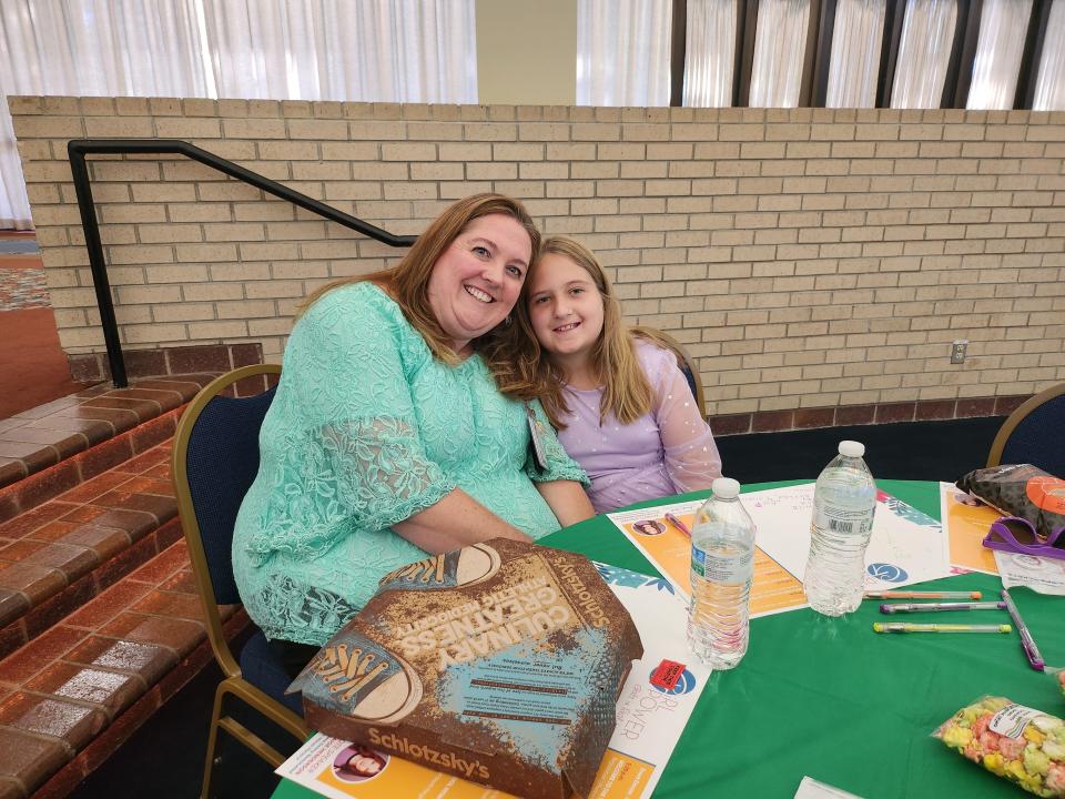 From left, Angie Shipman and her daughter participate in activities together at The Laura W. Bush Institute for Women’s Health's Girl Power: Girls in Real Life seminar, Thursday evening in the Amarillo Civic Center Grand Plaza.